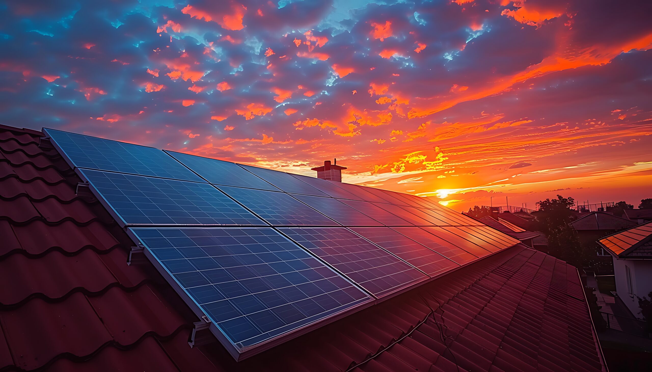 Solarne panele u mraku dok narančasto sunce pada u pozadini. 