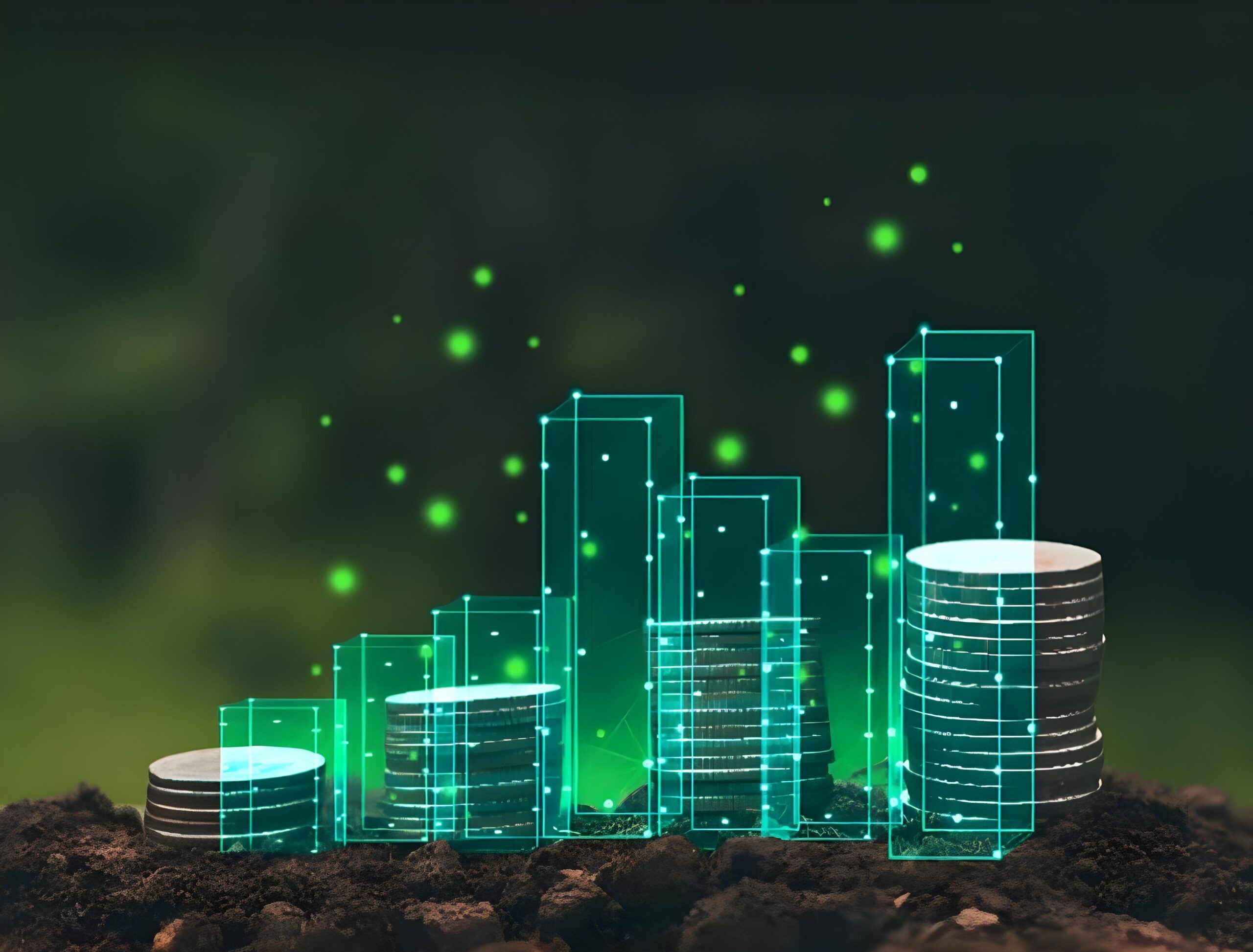 Održiv rast kroz inovativna digitalna rješenja u financijama i tehnologiji Vizualni prikaz rasta investicija pomoću digitalnih rješenja – novčići i hologramski stupci na zemljištu s digitalnim efektima. Digitalna rješenja za Vaš razvoj.